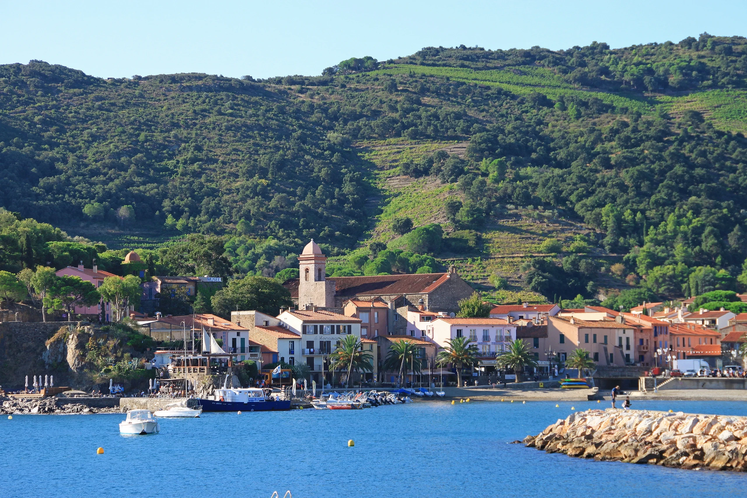 Vue d'ensemble de la baie méditerranéenne avec collines verdoyantes et port de plaisance - Week-End Perpignan - Les Suites Collection